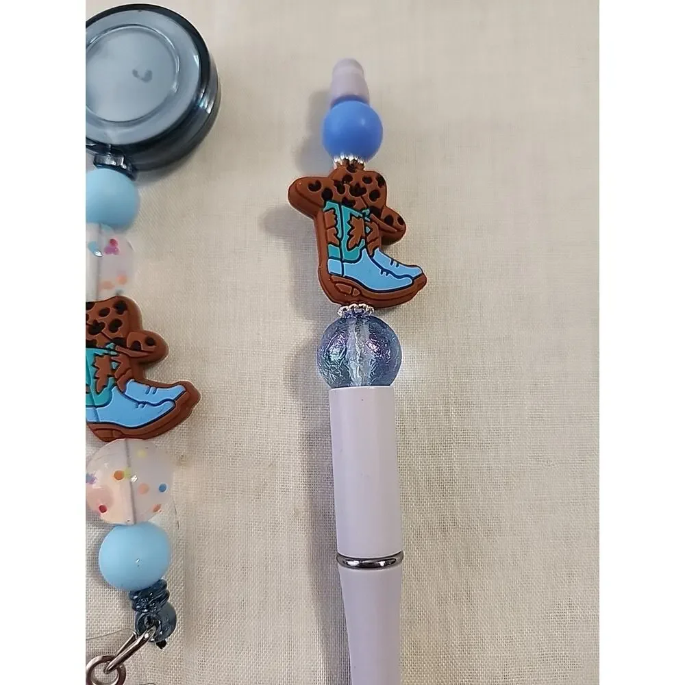 Bead Pen & Badge Reel Combo Blue & Brown Cowgirl Boot